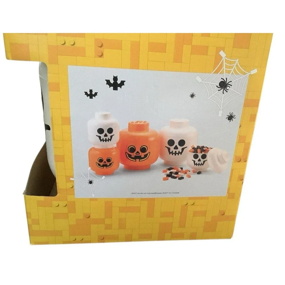 Lego Halloween Storage Heads Jack O Lantern & Skeleton Set Of 2 Orange White